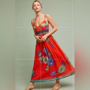 Maeve Anthropologie Red Artsy Floral Ikebana Smocked Back MaxiDress S *Flaw* XS?